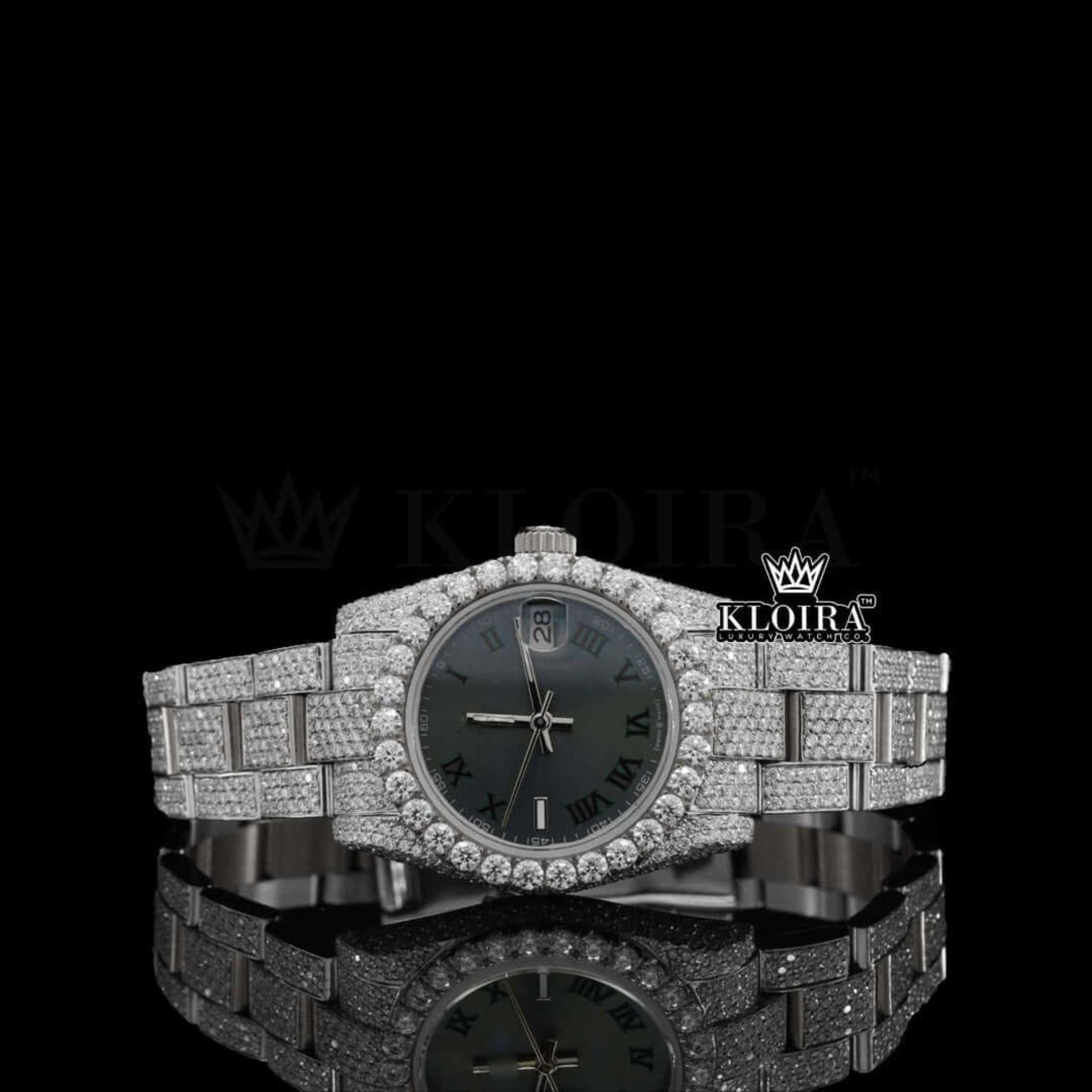 Fully Iced Out Black Dial Roman Numerals Moissanite Watch Front View