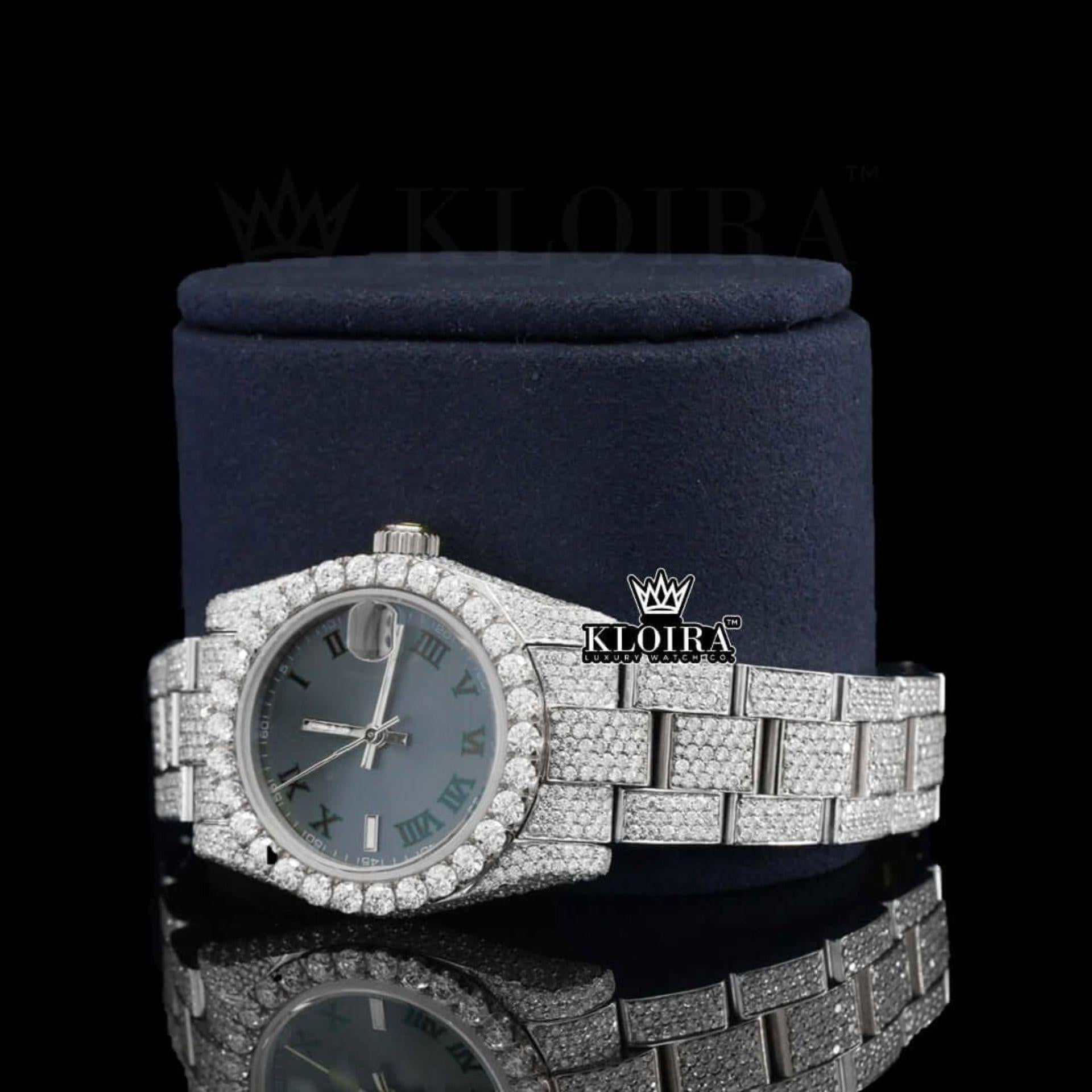 Fully Iced Out Black Dial Roman Numerals Moissanite Watch Left Profile View
