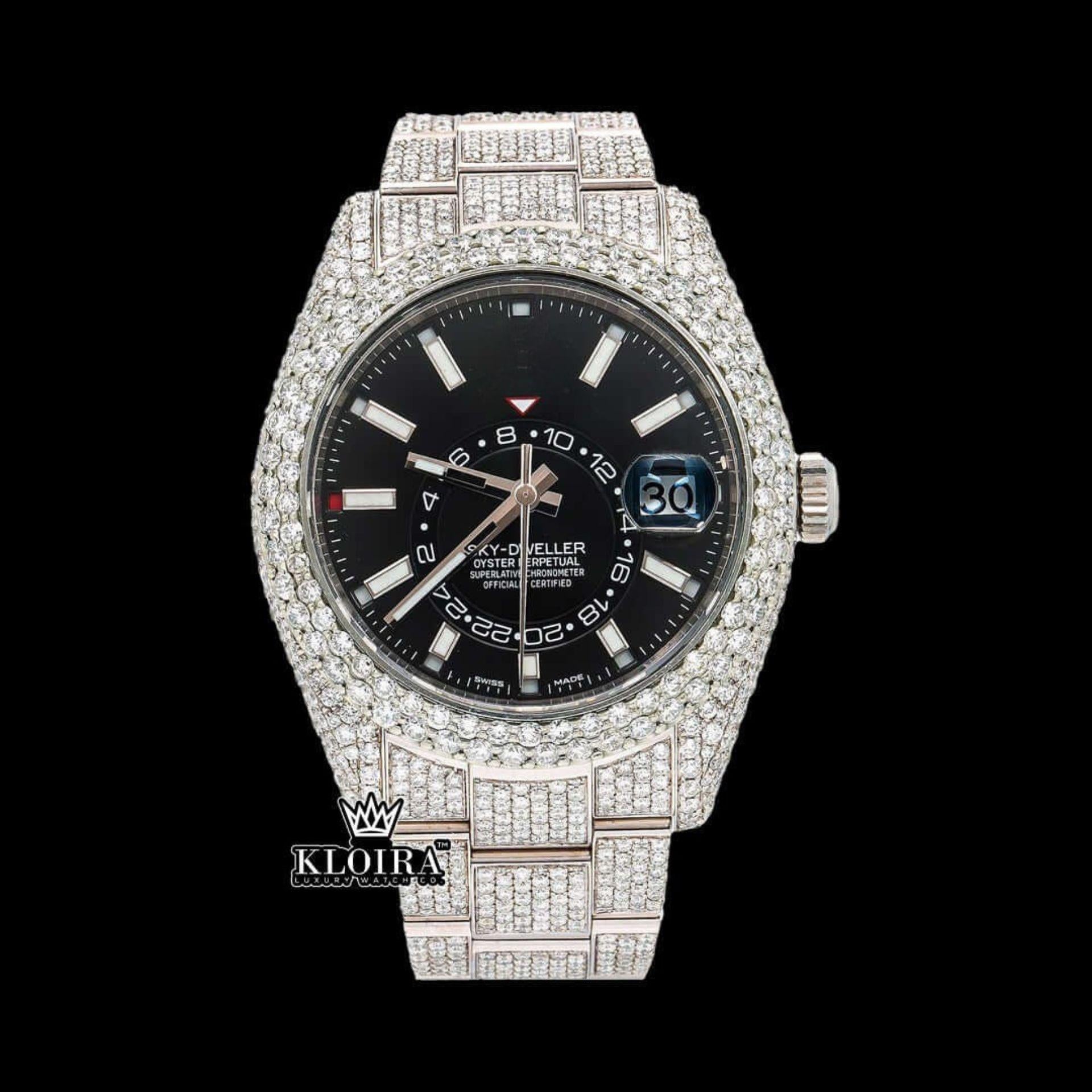 Fully Iced Out Black Dial Stick Markers Moissanite Diamond Watch Front View