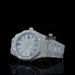 Fully Iced Out Black Stick Markers White Dial Moissanite Watch Close Up Dial View