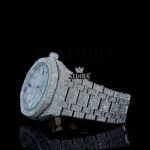 Fully Iced Out Black Stick Markers White Dial Moissanite Watch Left Profile View