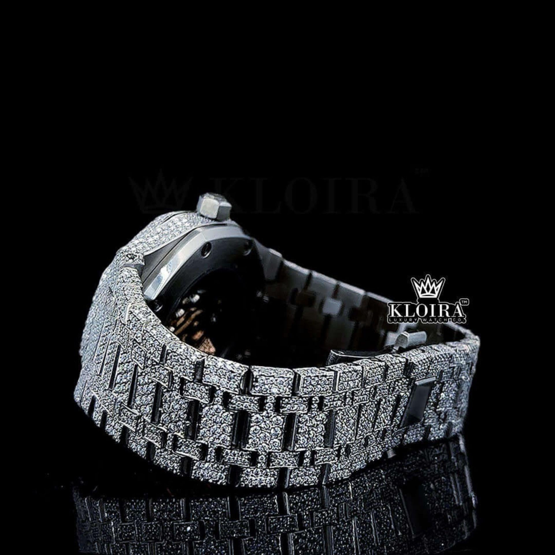 Fully Iced Out Black Stick Markers White Dial Moissanite Watch Left Side Bracelet View