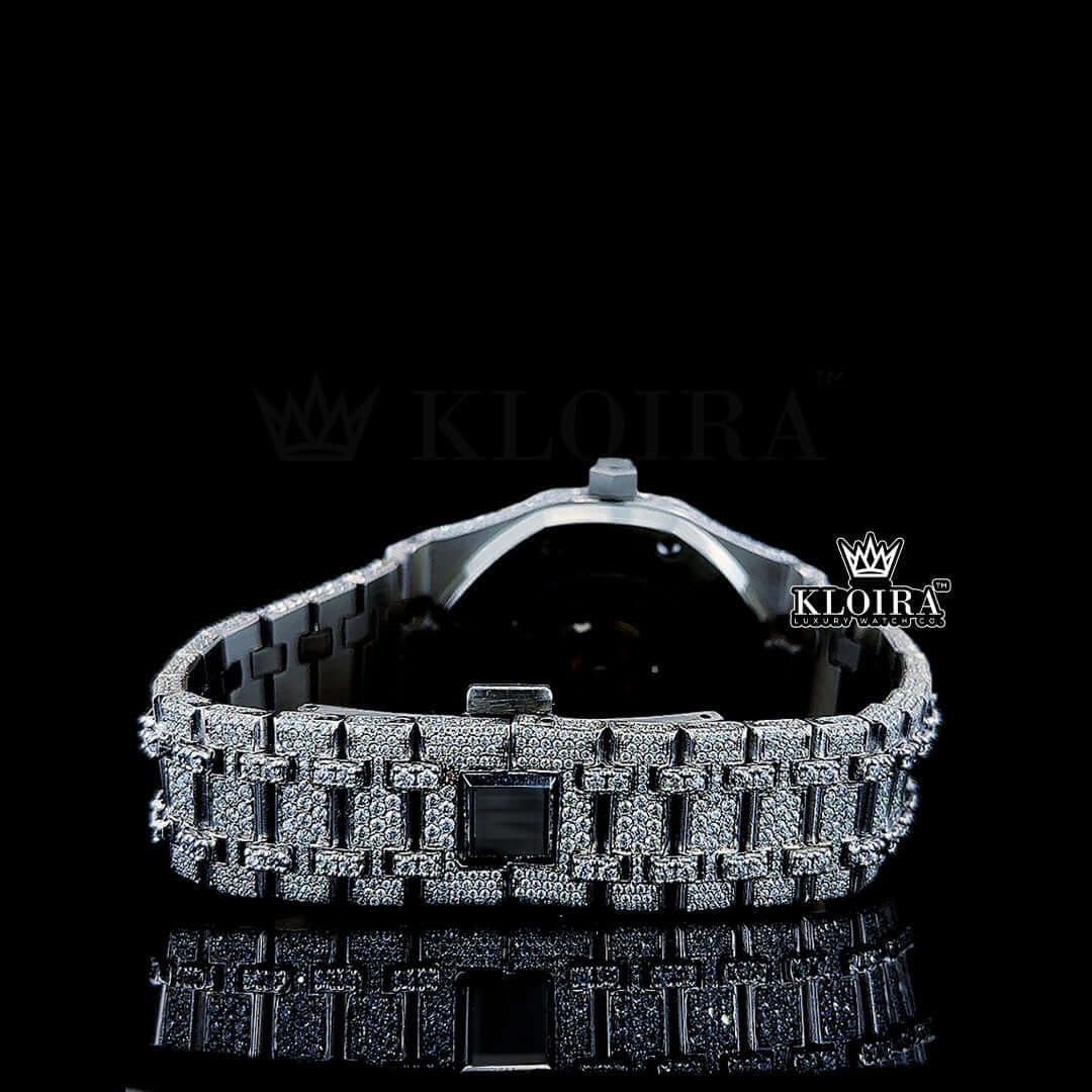 Fully Iced Out Date Display Dial Moissanite Diamond Caseback View