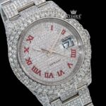 Fully Iced Out Date Display Red Roman Numeral Moissanite Diamond Watch Close Up Dial View