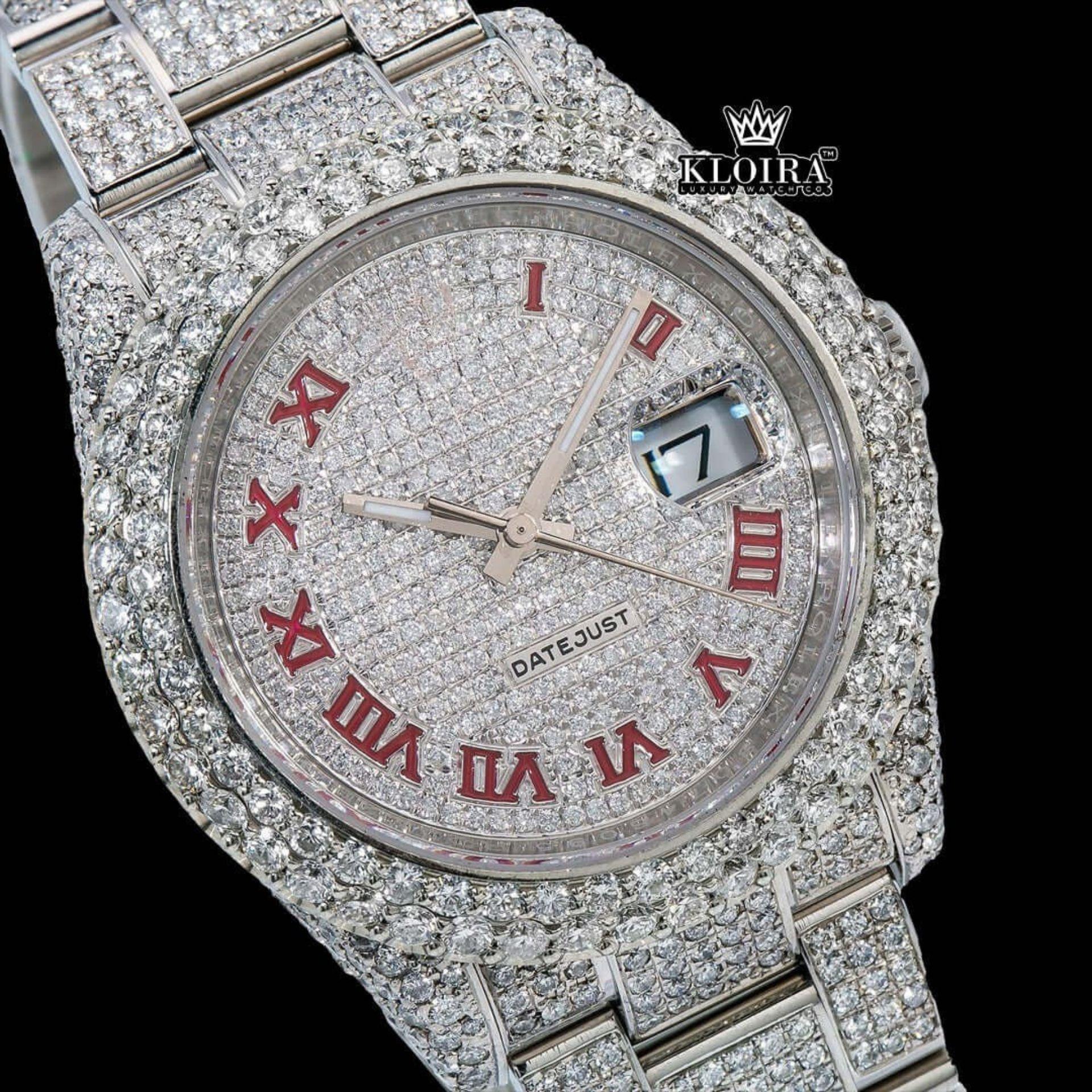 Fully Iced Out Date Display Red Roman Numeral Moissanite Diamond Watch Close Up Dial View