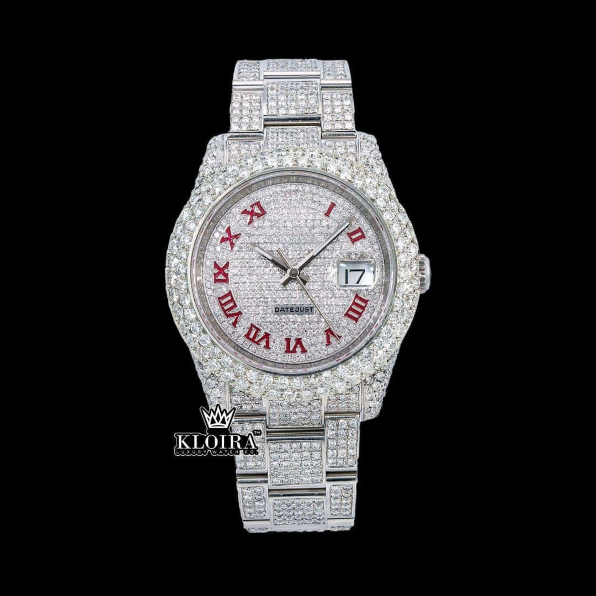Fully Iced Out Date Display Red Roman Numeral Moissanite Diamond Watch Front View