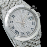 Fully Iced Out Dial Black Roman Numerals Plane Bezel Moissanite Diamond Watch Close Up Dial View
