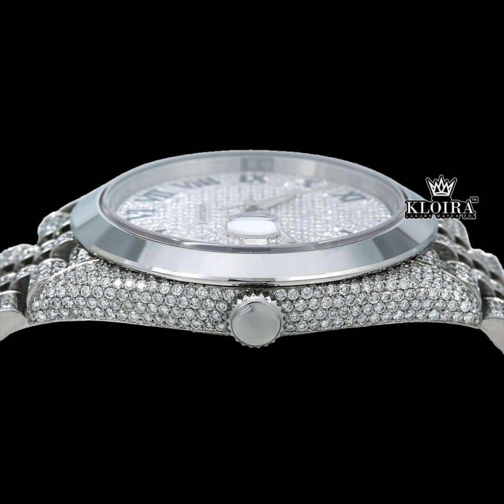 Fully Iced Out Dial Black Roman Numerals Plane Bezel Moissanite Diamond Watch Crown View