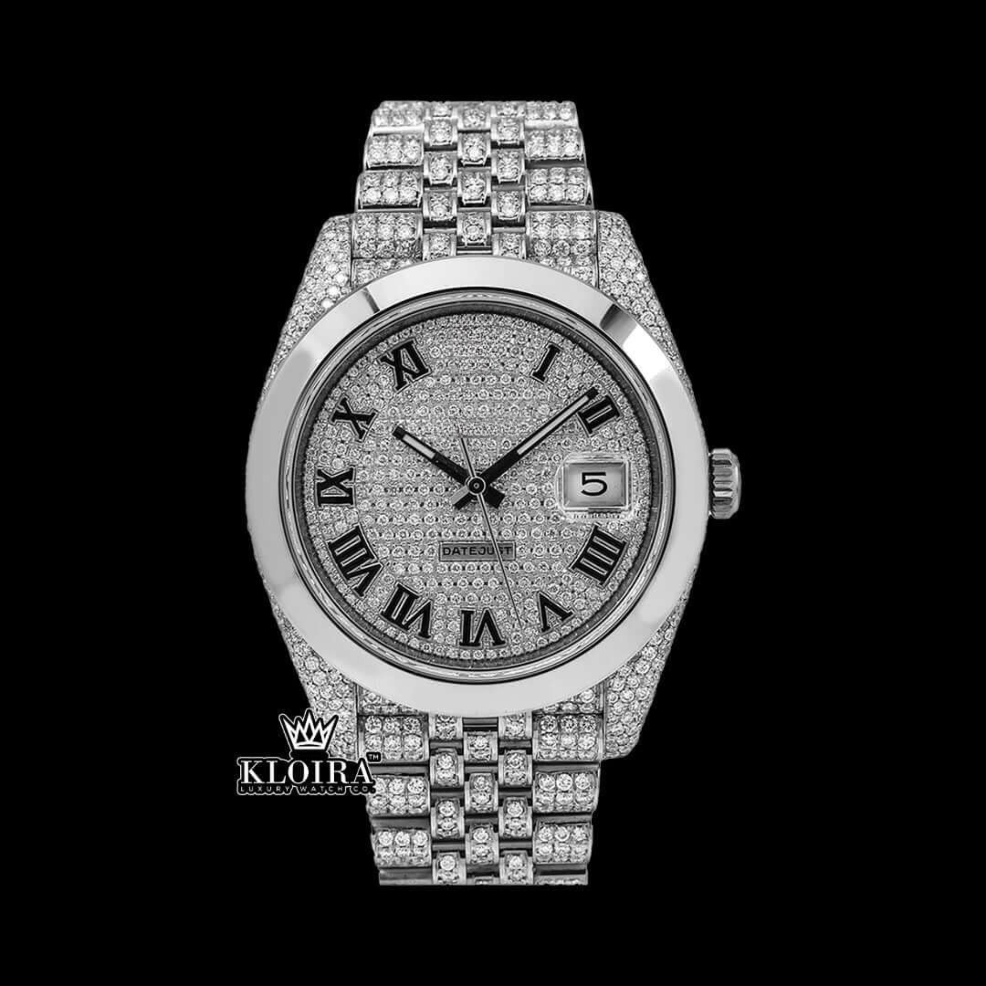 Fully Iced Out Dial Black Roman Numerals Plane Bezel Moissanite Diamond Watch Front View