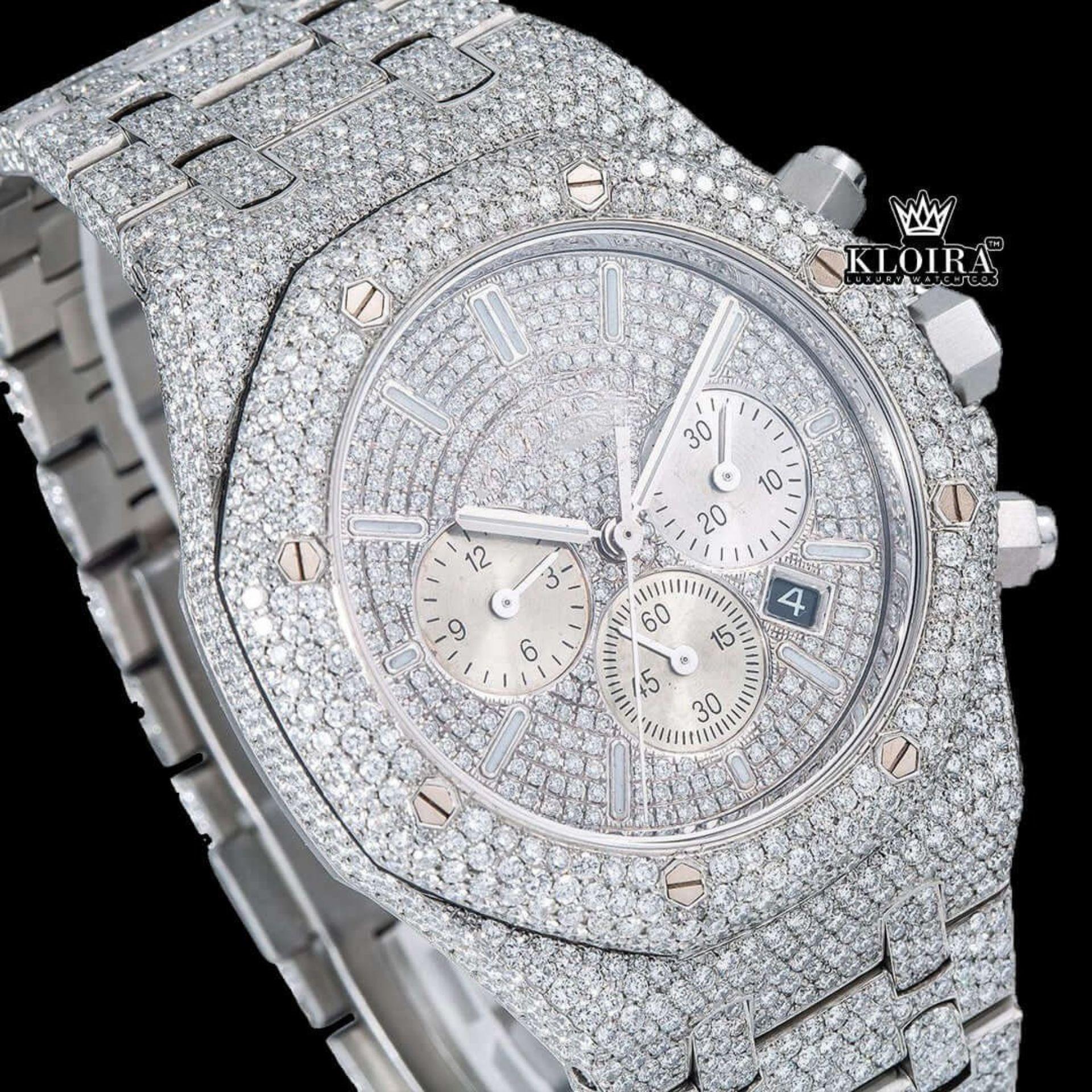 Fully Iced Out Dial White Stick Markers Moissanite Diamond Watch Close Up Dial View