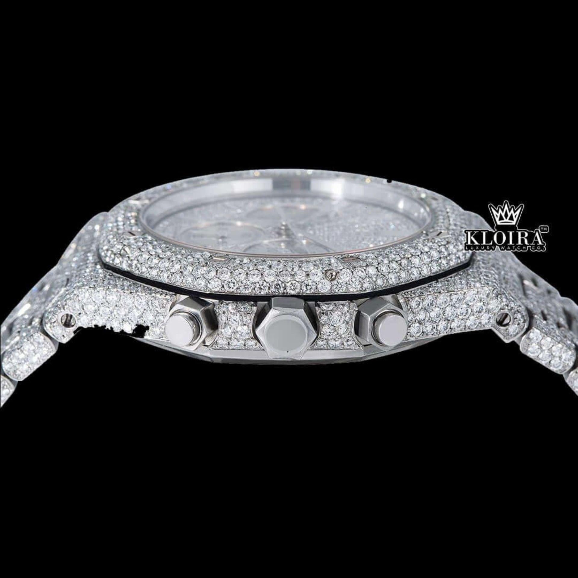 Fully Iced Out Dial White Stick Markers Moissanite Diamond Watch Crown View