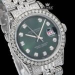 Fully Iced Out Diamond Markers Green Dial Moissanite Diamond Watch Close Up Dial View