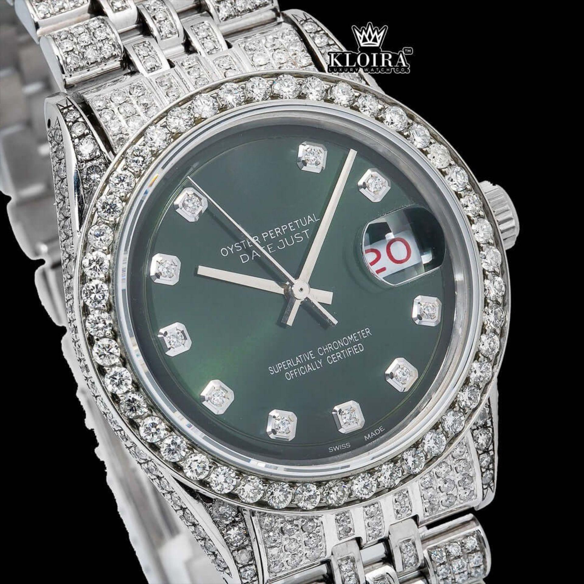 Fully Iced Out Diamond Markers Green Dial Moissanite Diamond Watch Close Up Dial View