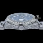 Fully Iced Out Diamond markers Blue Dial Moissanite Watch Crown View
