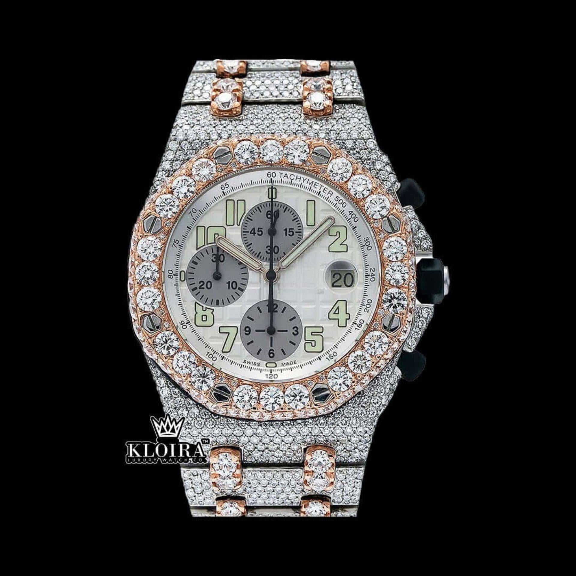 Fully Iced Out Dual Tone Moissanite Chronograph Diamond Watch Front View