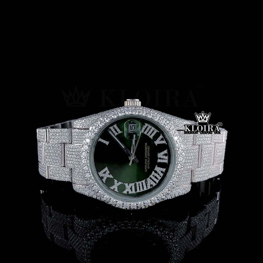 Fully Iced Out Green Dial Roman Numerals Moissanite Diamond Watch Front View