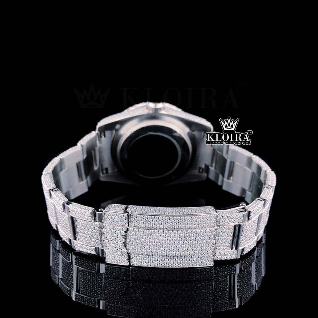Fully Iced Out Green Dial Roman Numerals Moissanite Watch Caseback View