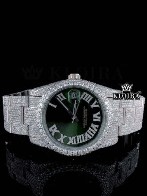 Fully Iced Out Green Dial Roman Numerals Moissanite Watch