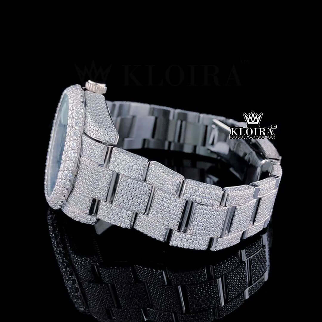 Fully Iced Out Green Dial Roman Numerals Moissanite Watch Left Side View