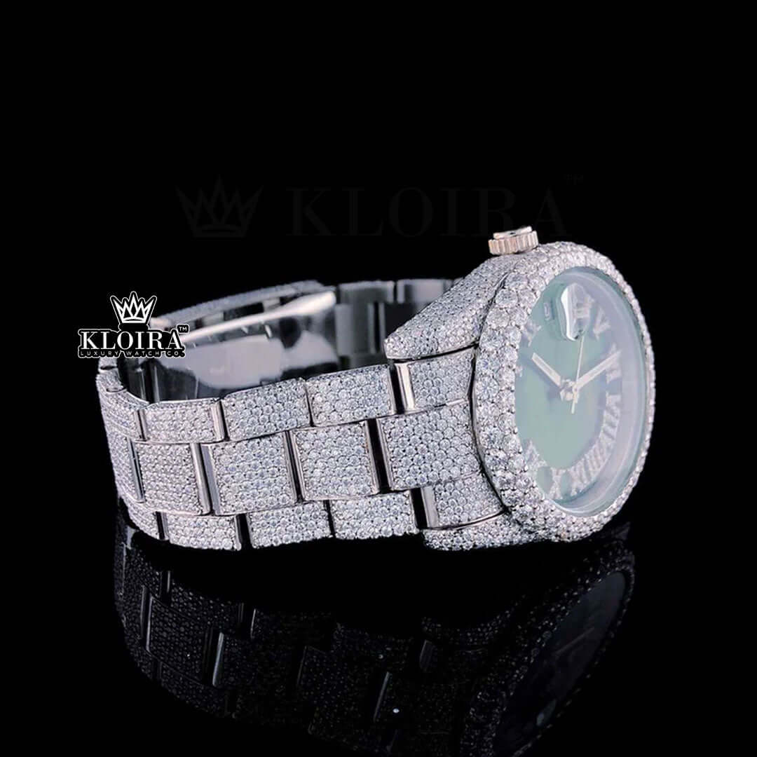 Fully Iced Out Green Dial Roman Numerals Moissanite Watch Right Side View
