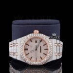 Fully Iced Out Moissanite Diamond Watch Two Tone Rose Gold Close Up Front View
