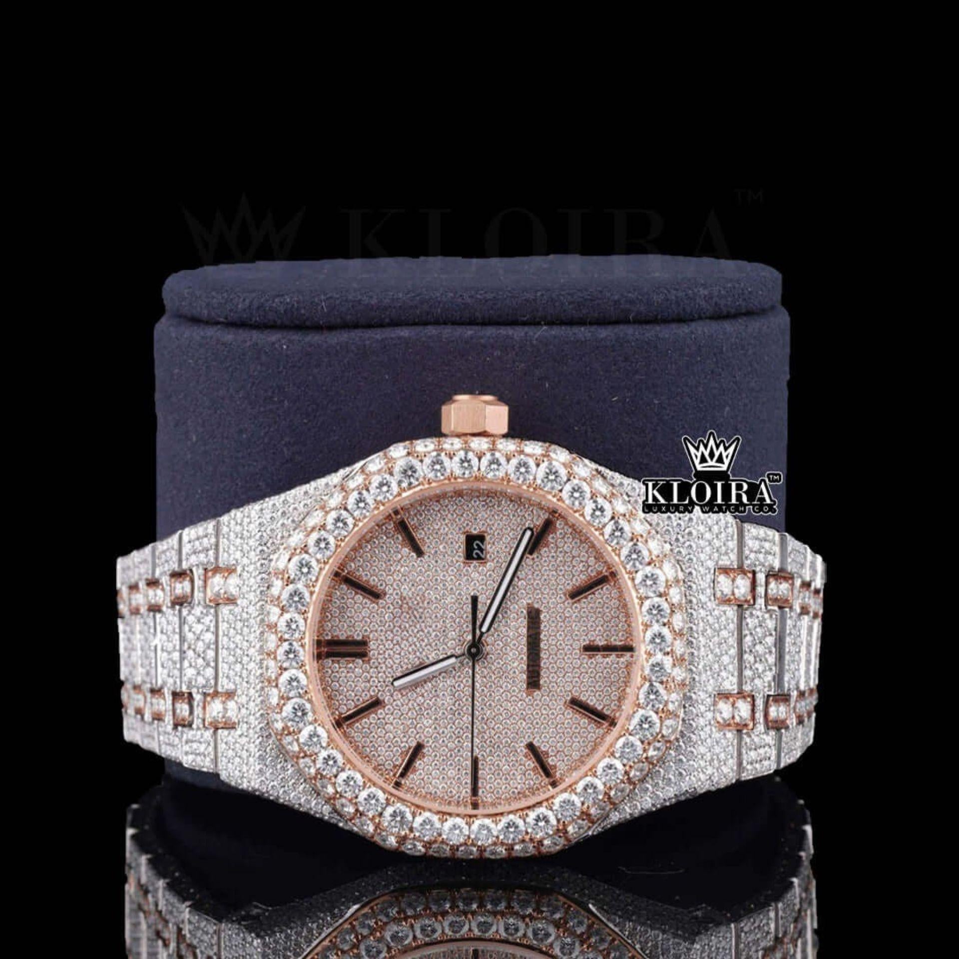 Fully Iced Out Moissanite Diamond Watch Two Tone Rose Gold Close Up Front View