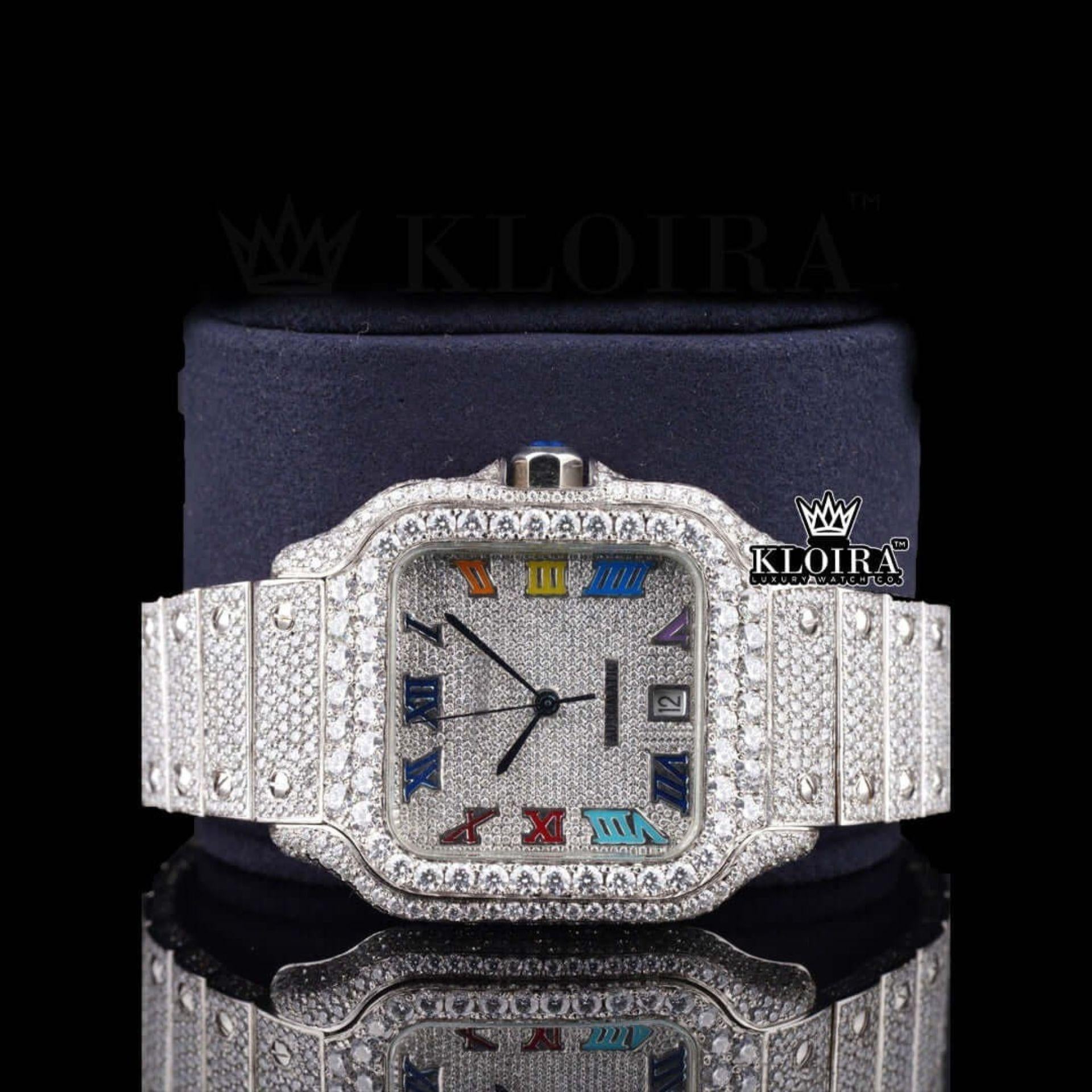 Fully Iced Out Rainbow Roman Numerals Dial Natural Diamond Watch Close Up Front View