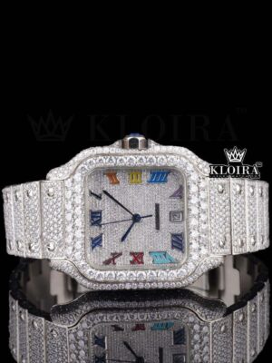 Fully Iced Out Rainbow Roman Numerals Dial Natural Diamond Watch