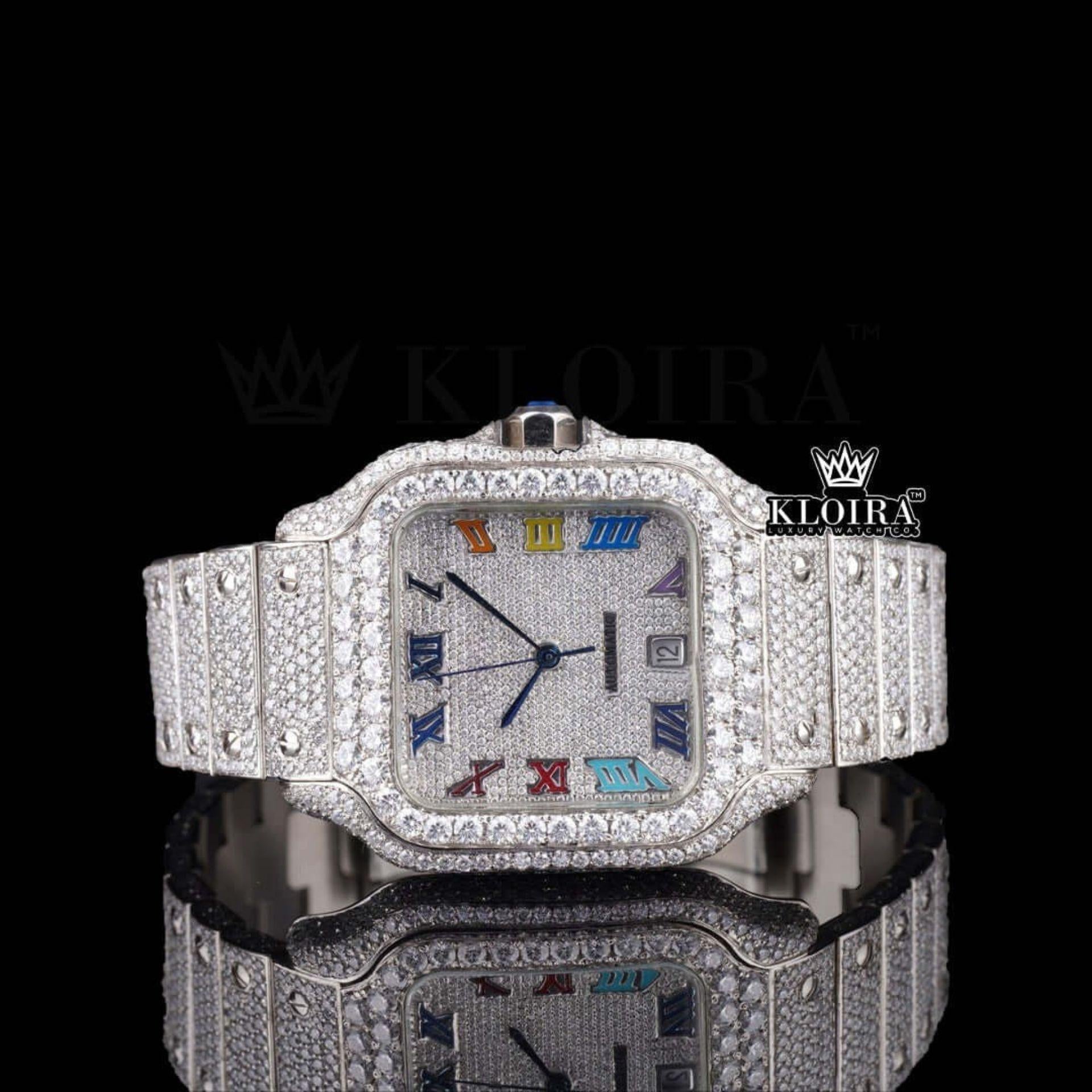 Fully Iced Out Rainbow Roman Numerals Dial Natural Diamond Watch Front View