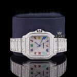 Fully Iced Out Rainbow Roman Numerals Moissanite Diamond Watch Close Up Dial View
