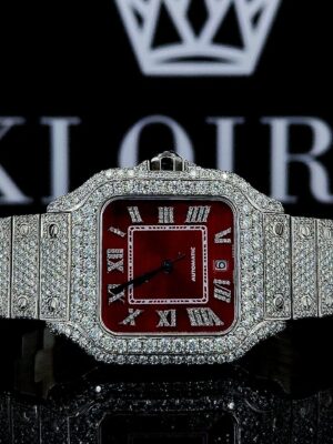 Fully Iced Out Red Dial Roman Numerals Moissanite Diamond Watch
