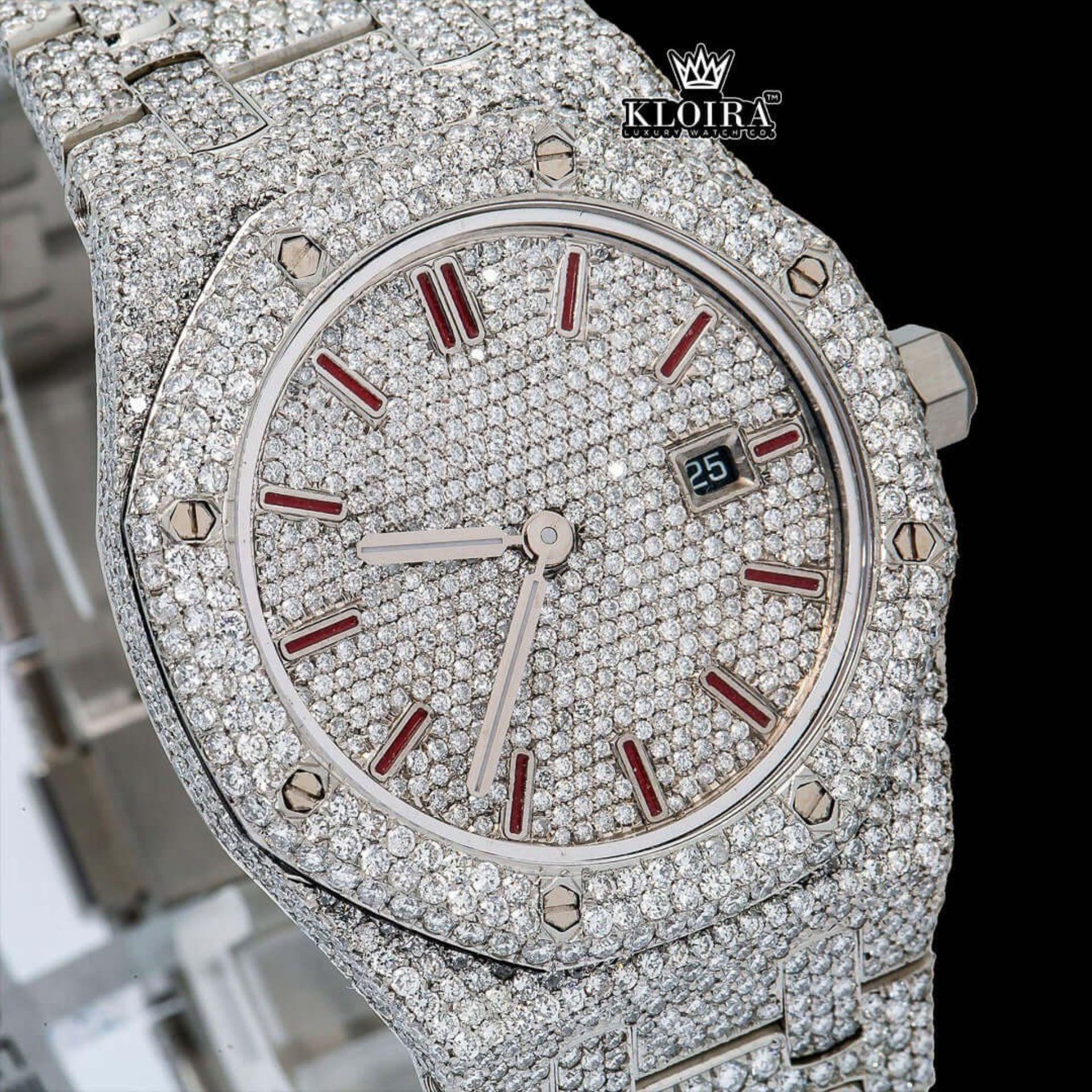 Fully Iced Out Red Stick Date Display Dial Moissanite Diamond Watch Close Up Dial View
