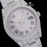 Fully Iced Out Roman Numerals Date Dial Moissanite Diamond Watch Close Up Dial View
