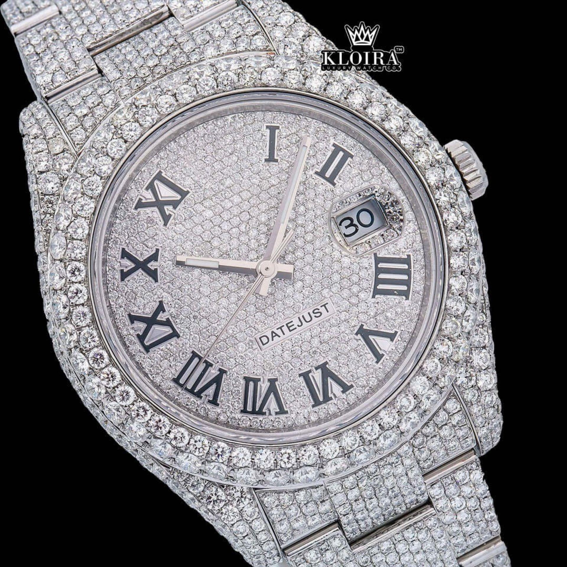 Fully Iced Out Roman Numerals Date Dial Moissanite Diamond Watch Close Up Dial View