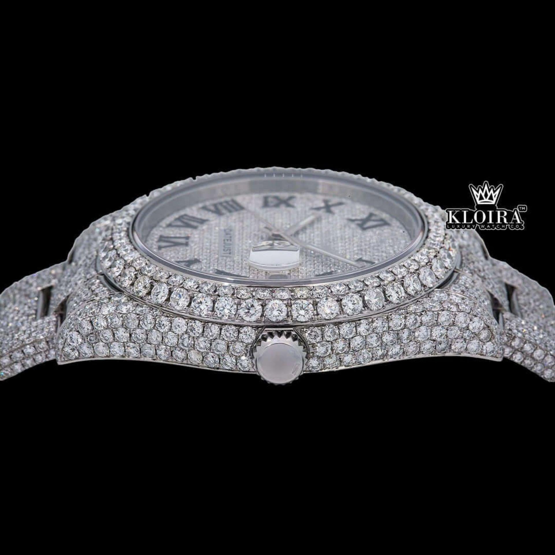 Fully Iced Out Roman Numerals Date Dial Moissanite Diamond Watch Crown View