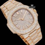 Fully Iced Out Rose Gold Stick Markers Moissanite Diamond Watch Close Up Dial View