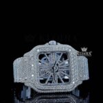 Fully Iced Out Skeleton Dial White Gold Diamond Bar Strap Moissanite Watch
