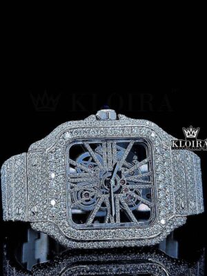 Fully Iced Out Skeleton Dial White Gold Diamond Bar Strap Moissanite Watch
