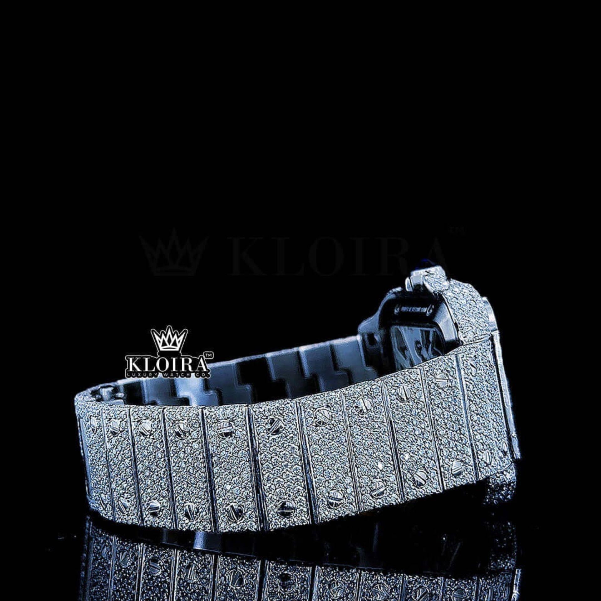 Fully Iced Out Skeleton Dial White Gold Diamond Bar Strap Moissanite Watch Right Side View