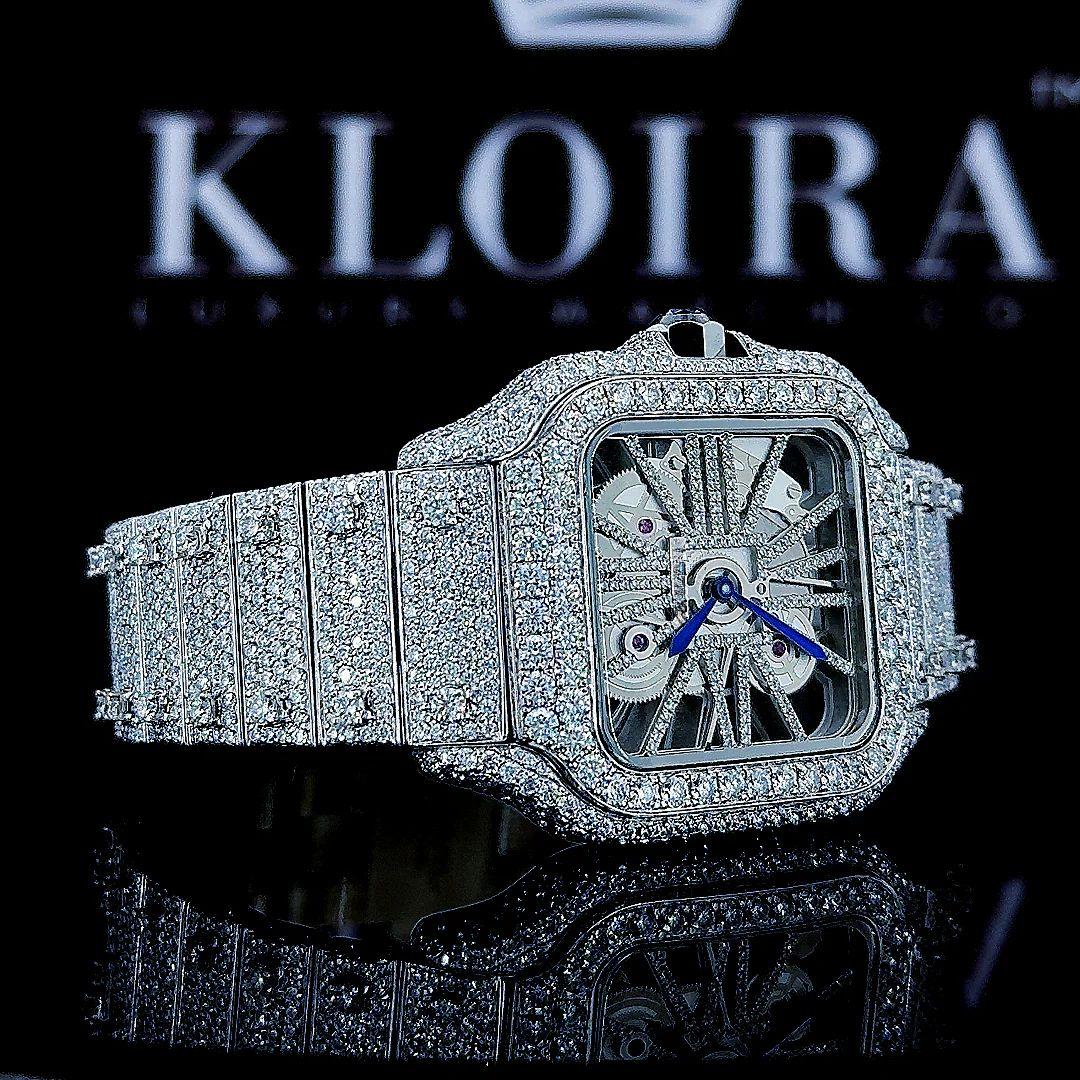 Fully Iced Out Skeleton Dial White Gold Moissanite Diamond Watch Left Strap View