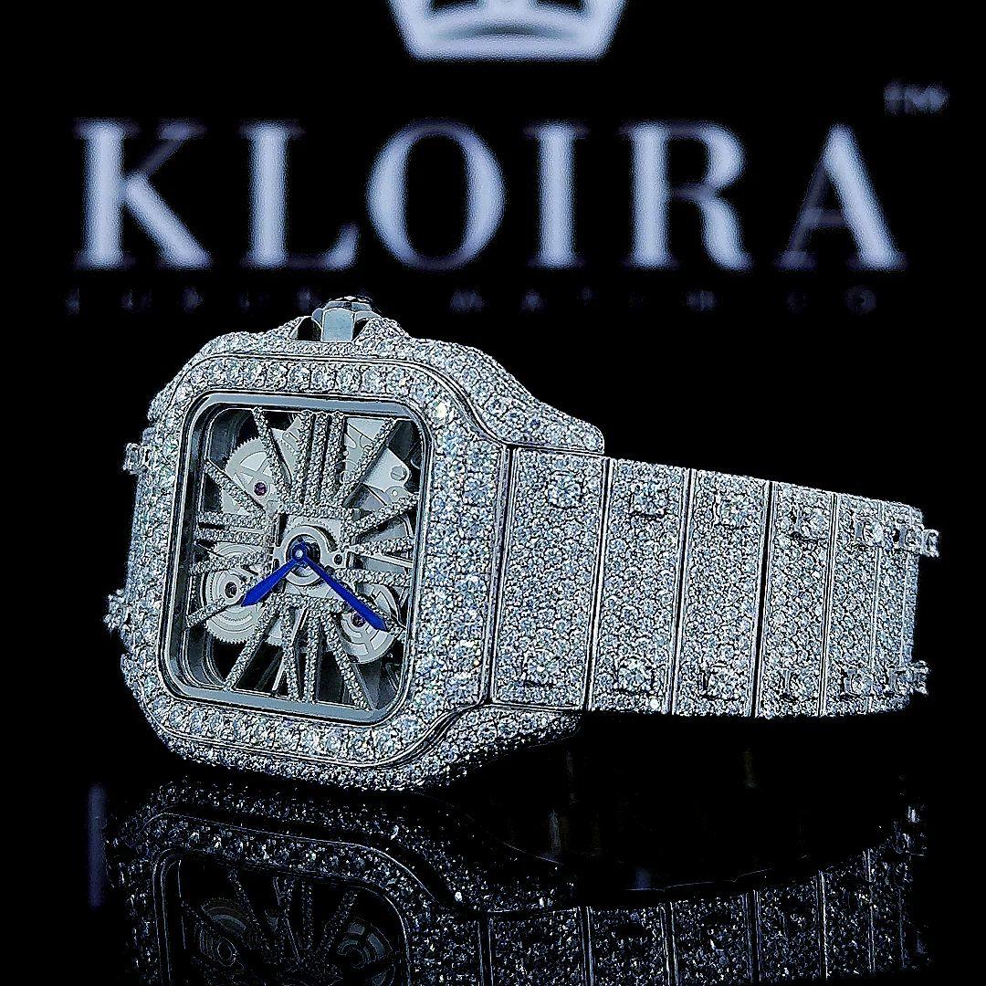 Fully Iced Out Skeleton Dial White Gold Moissanite Diamond Watch Right Strap View