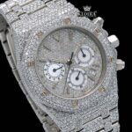Fully Iced Out Stick Markers White Chronograph Dial Moissanite Watch Close Up Dial View