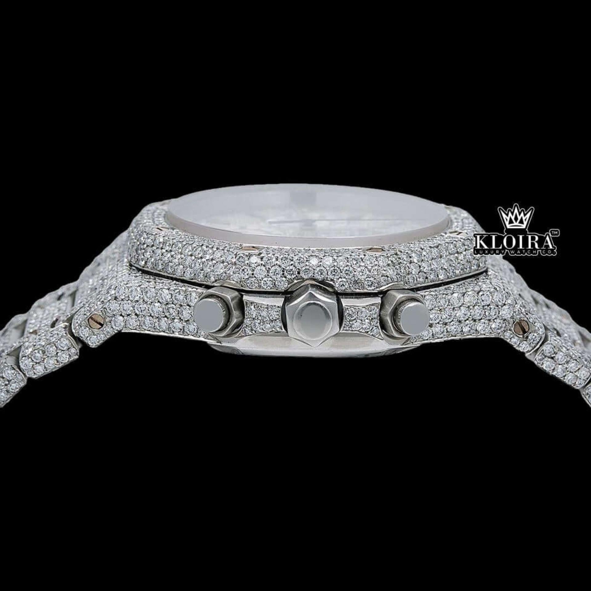 Fully Iced Out Stick Markers White Chronograph Dial Moissanite Watch Crown View