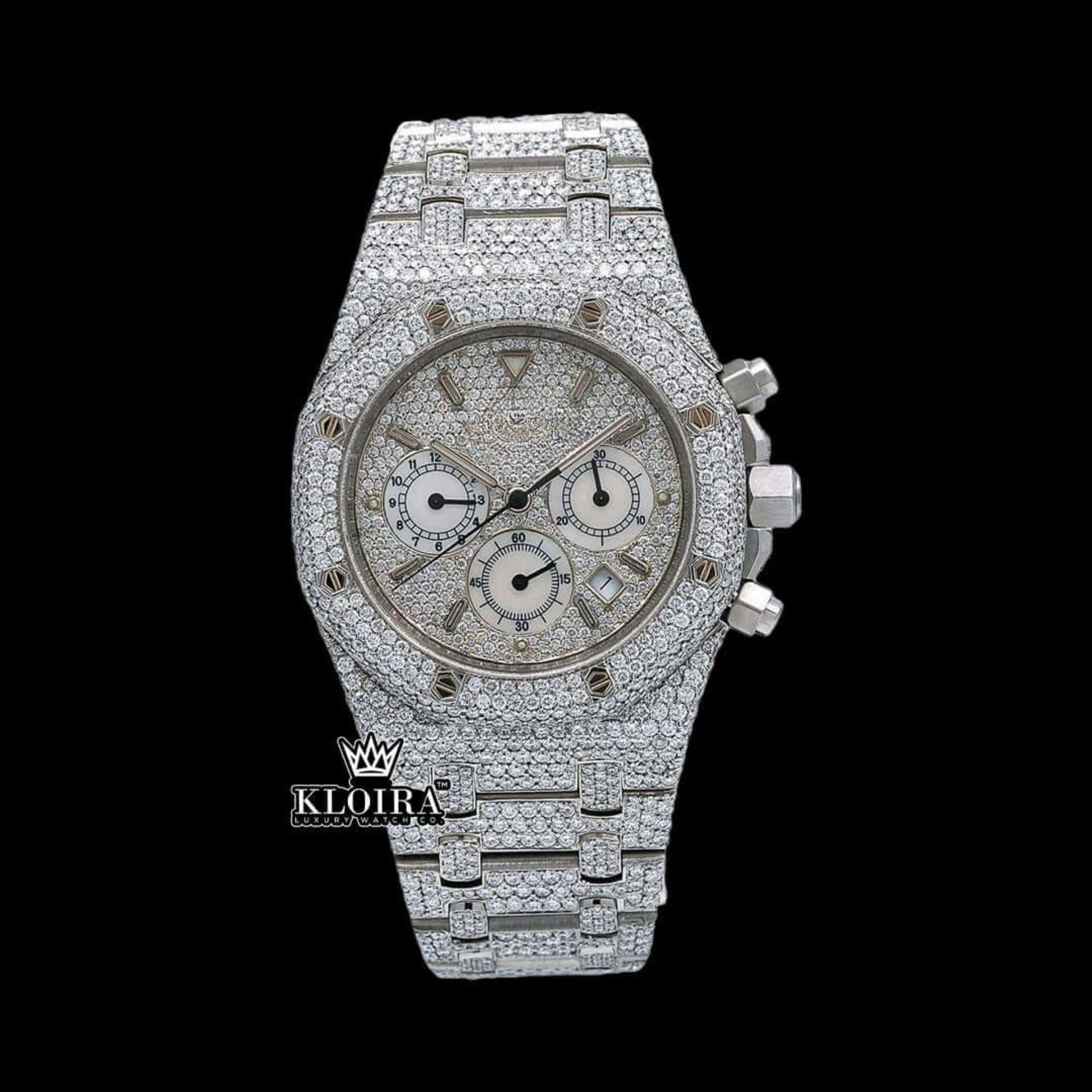 Fully Iced Out Stick Markers White Chronograph Dial Moissanite Watch Front View