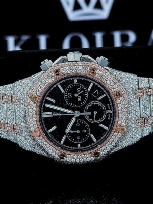 Fully Iced Out Two Tone Black Dial Chronograph Stick Markers Moissanite Watch