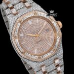 Fully Iced Out Two Tone Rose Gold Moissanite Diamond Baguette Watch Close Up Dial View