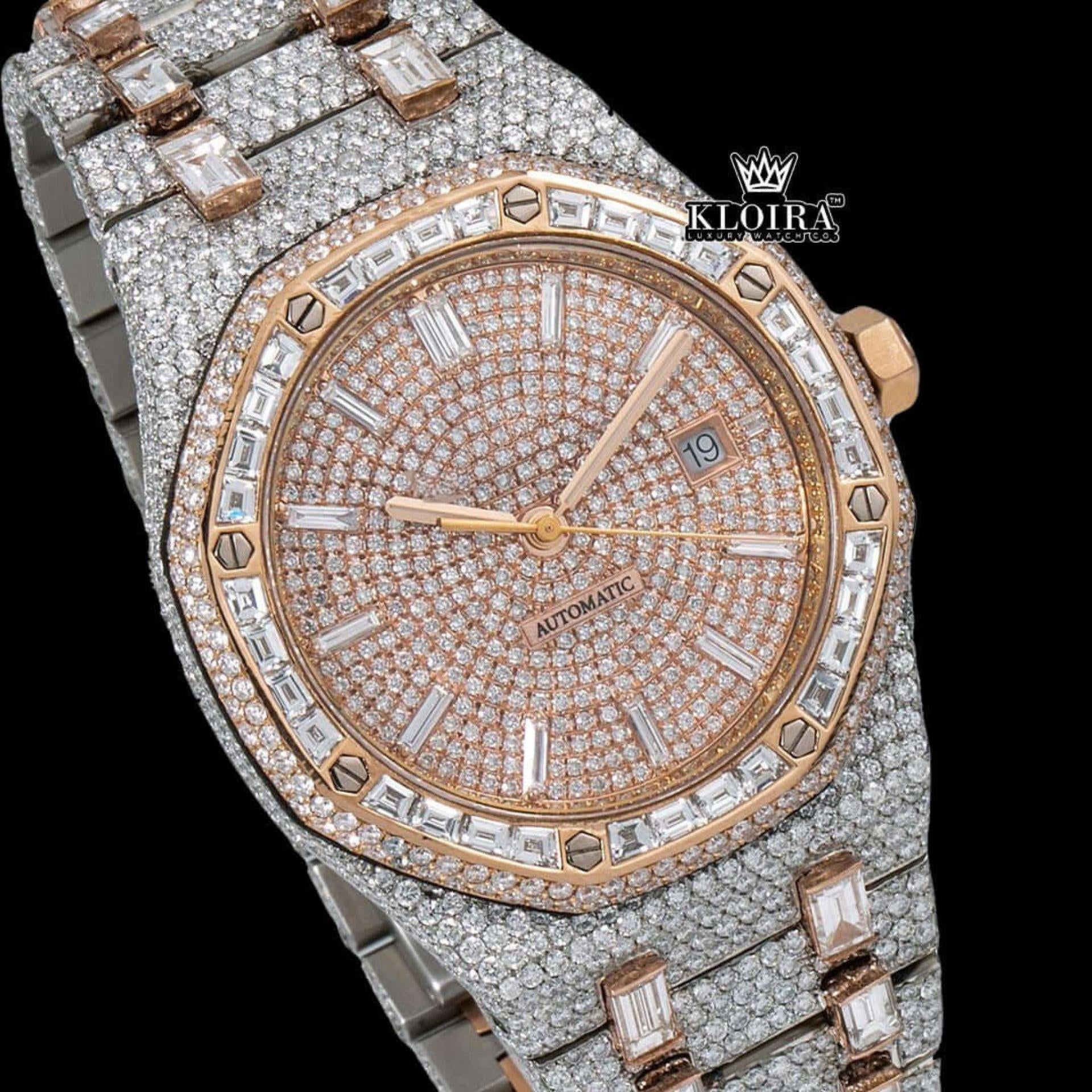 Fully Iced Out Two Tone Rose Gold Moissanite Diamond Baguette Watch Close Up Dial View