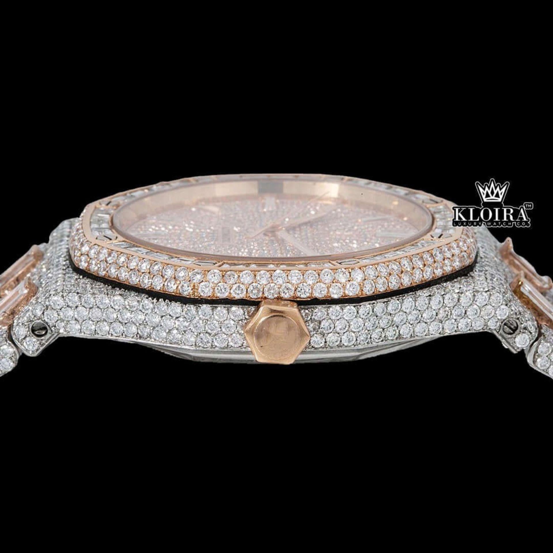 Fully Iced Out Two Tone Rose Gold Moissanite Diamond Baguette Watch Crown View