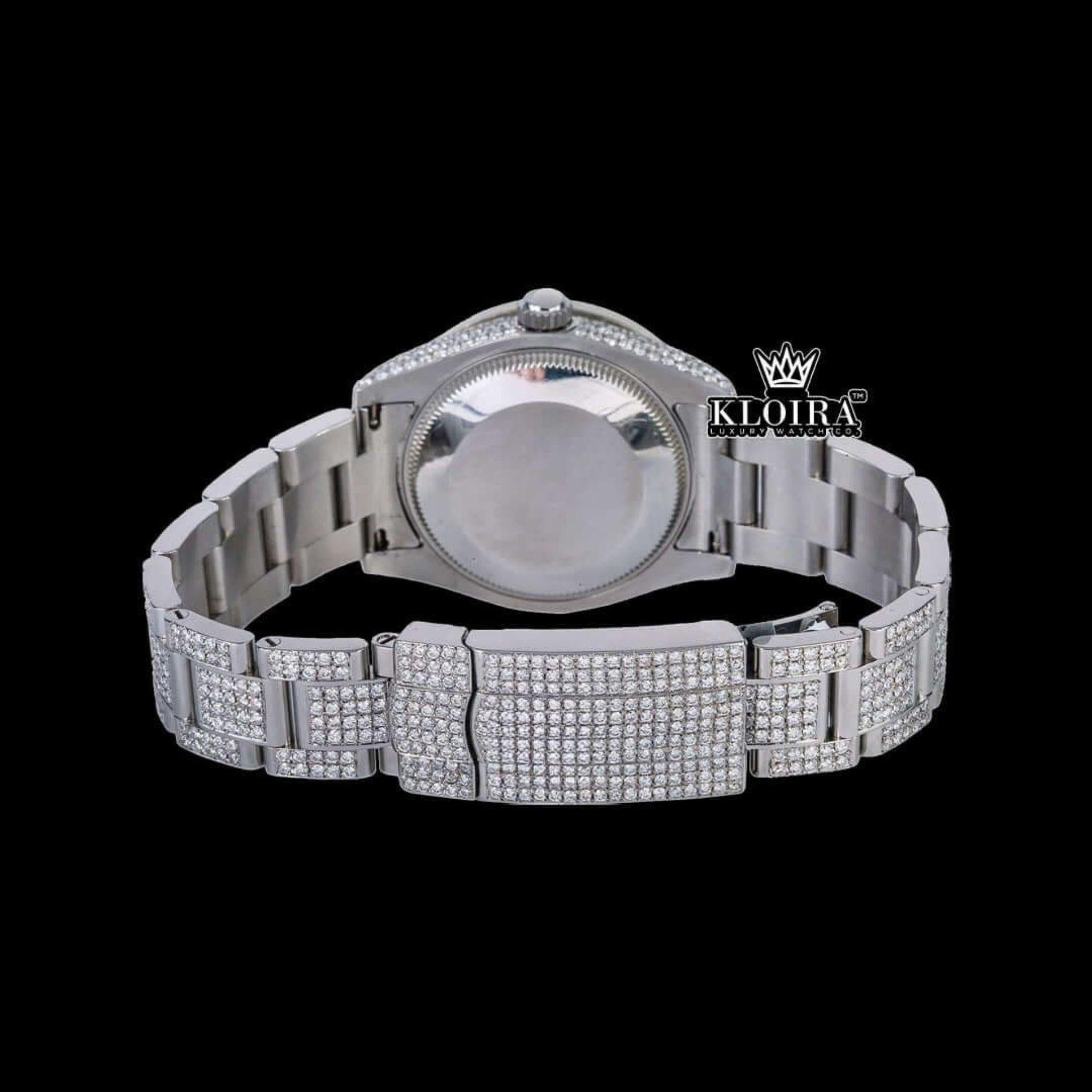 Fully Iced Out White Dial Black Roman Numerals Moissanite Diamond Watch Caseback View