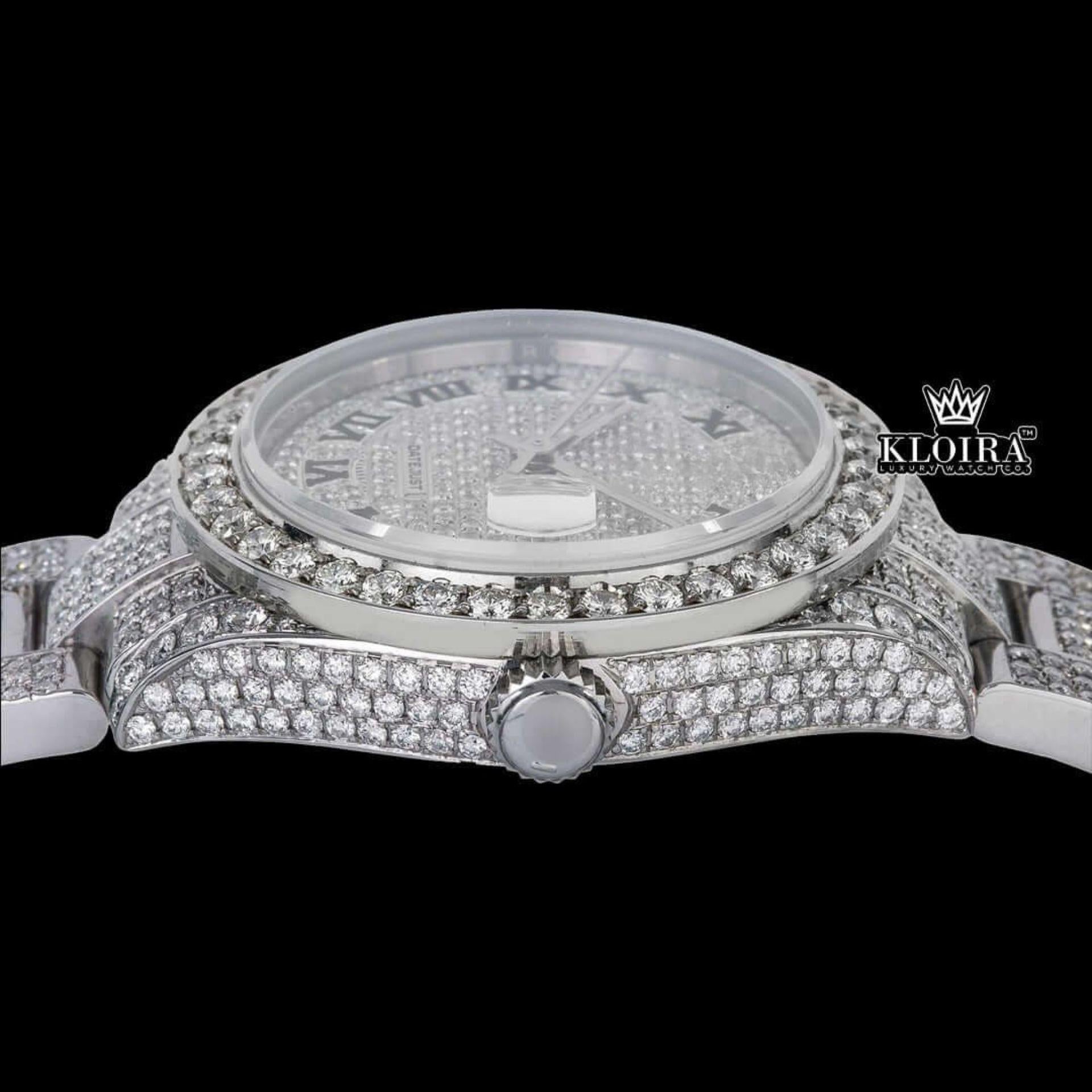 Fully Iced Out White Dial Black Roman Numerals Moissanite Diamond Watch Crown View